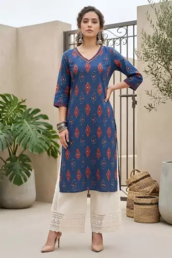 Blue  pure cotton printed kurti for women