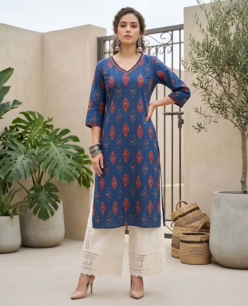 Blue  pure cotton printed kurti for women