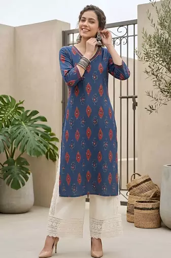 Blue  pure cotton printed kurti for women