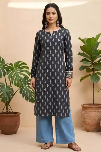 Black  pure cotton printed kurti for women