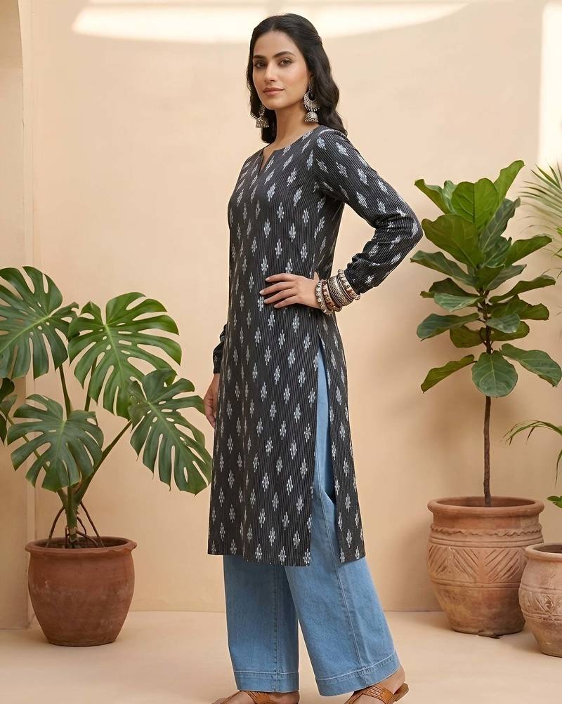 Black  pure cotton printed kurti for women