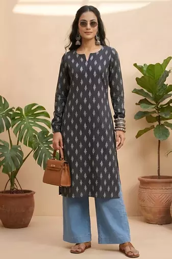 Black  pure cotton printed kurti for women