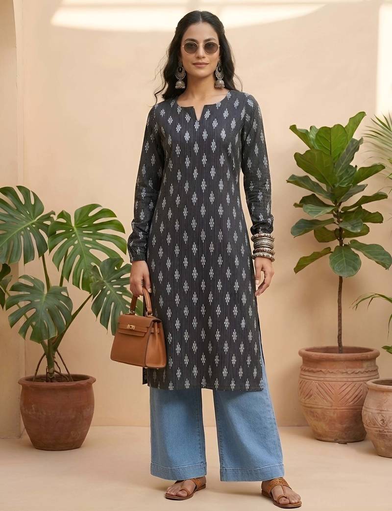 Black  pure cotton printed kurti for women