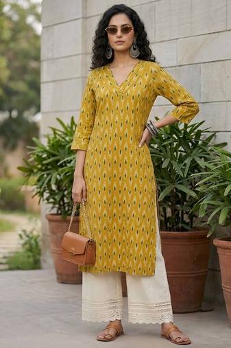 Yellow  pure cotton printed kurti for women