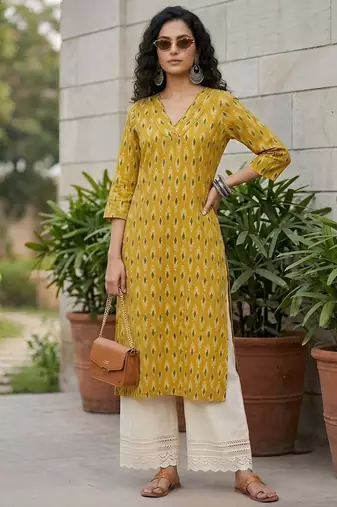 Yellow  pure cotton printed kurti for women