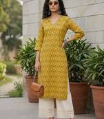 Yellow  pure cotton printed kurti for women
