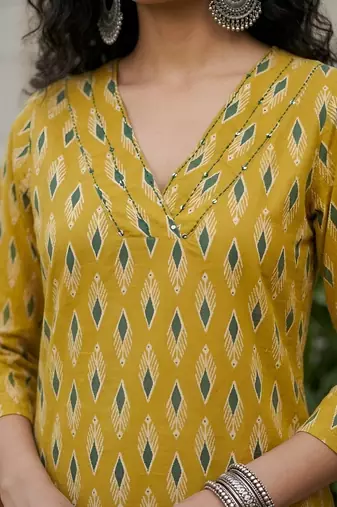 Yellow  pure cotton printed kurti for women