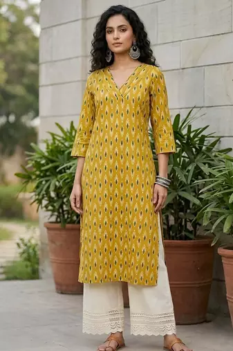Yellow  pure cotton printed kurti for women