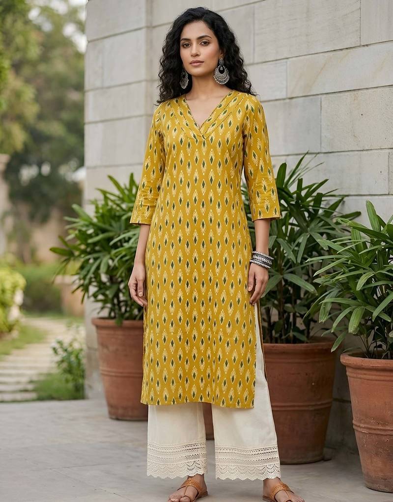 Yellow  pure cotton printed kurti for women