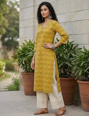 Yellow  pure cotton printed kurti for women 4