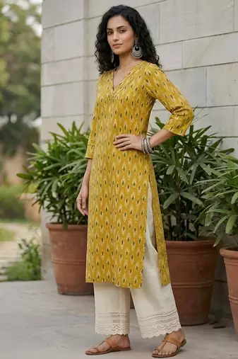 Yellow  pure cotton printed kurti for women