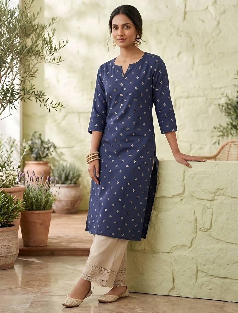 Blue  viscose rayon printed kurti for women