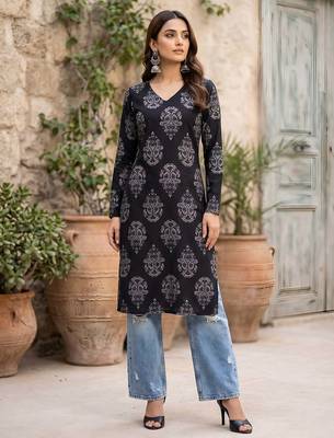 Black  pure cotton printed kurti for women 1