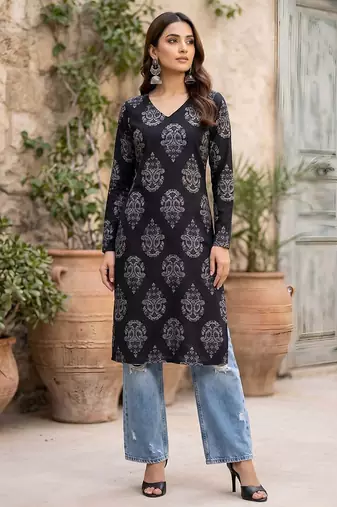 Black  pure cotton printed kurti for women