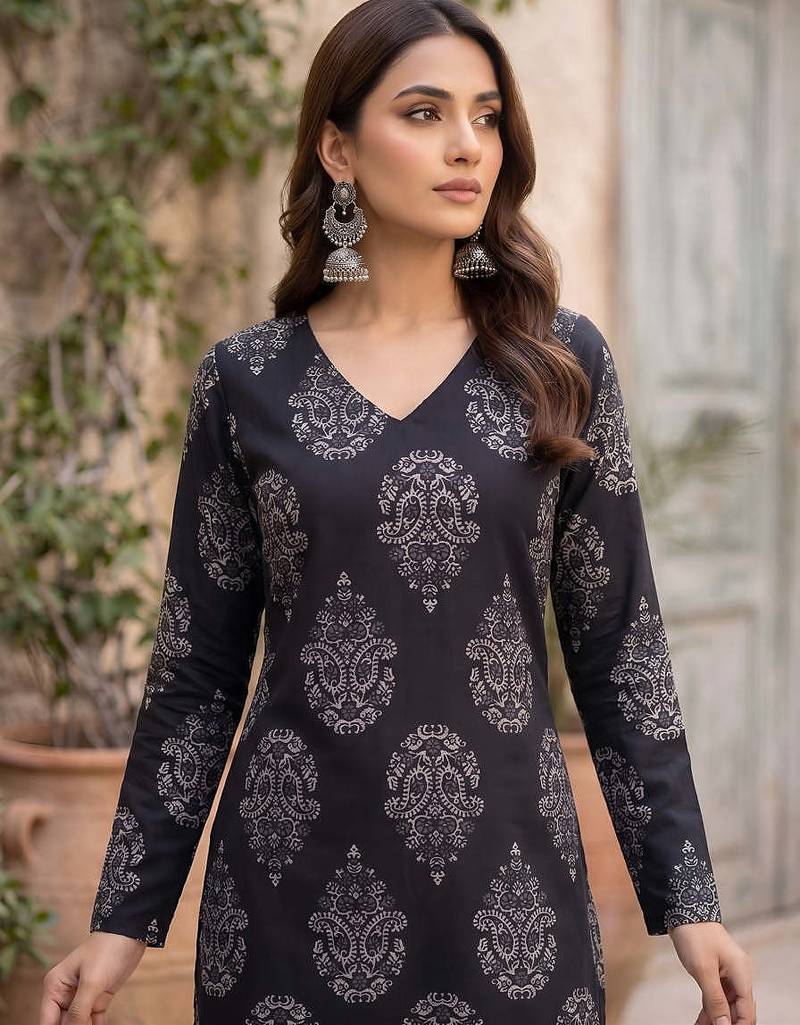Black  pure cotton printed kurti for women