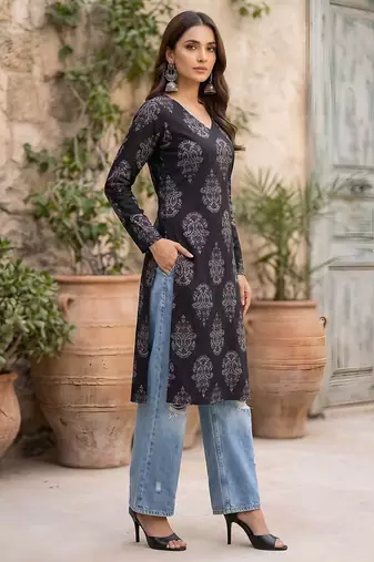 Black  pure cotton printed kurti for women