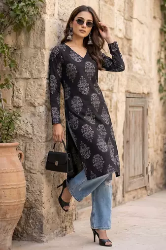Black  pure cotton printed kurti for women