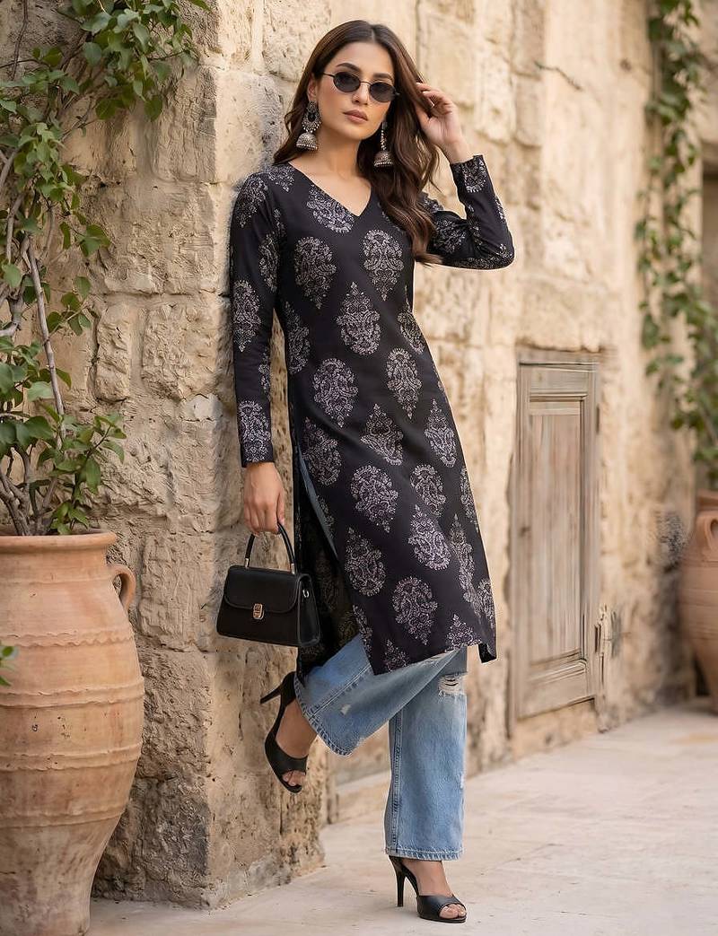 Black  pure cotton printed kurti for women