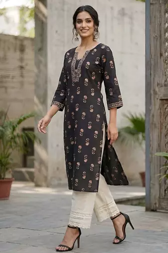 Black  pure cotton printed kurti for women
