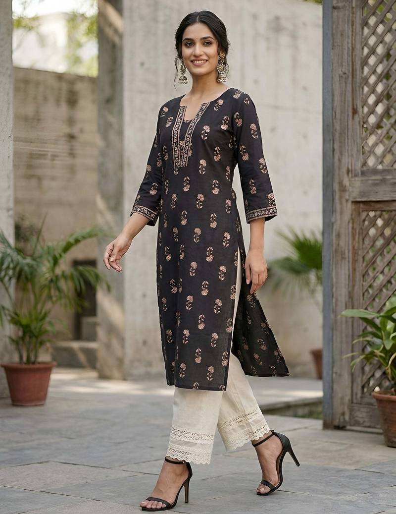 Black  pure cotton printed kurti for women