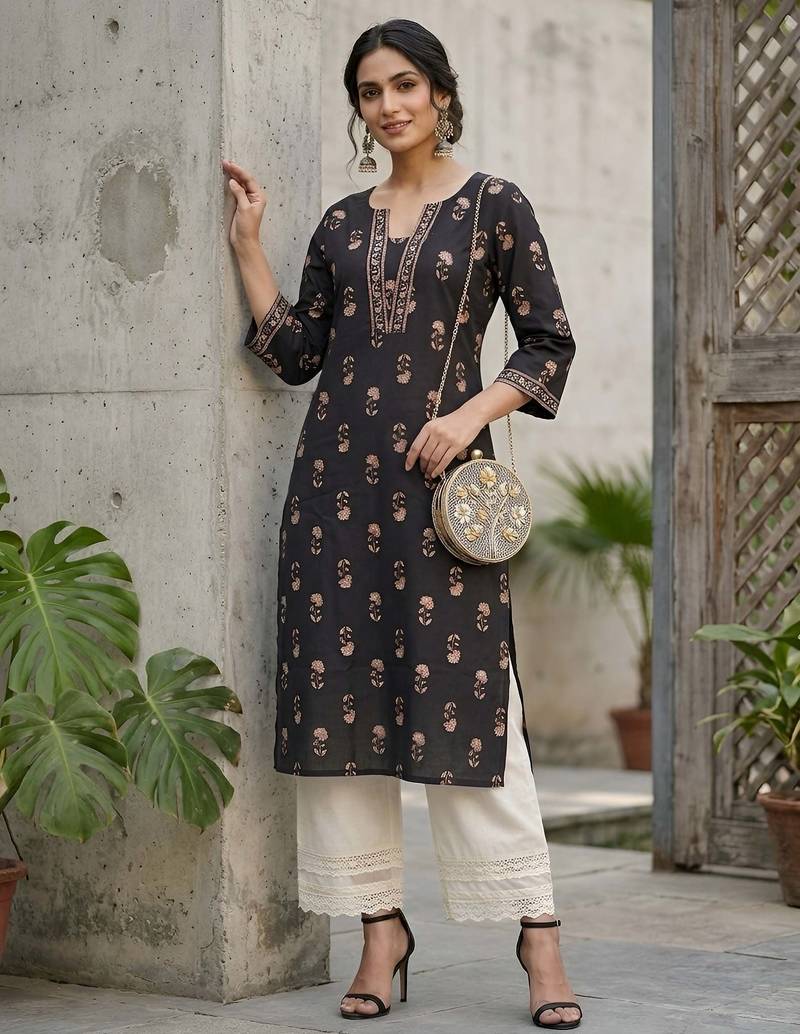 Black  pure cotton printed kurti for women