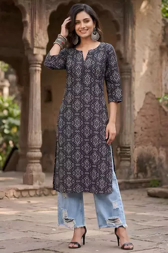 Black  pure cotton printed kurti for women