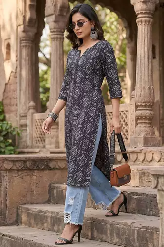 Black  pure cotton printed kurti for women