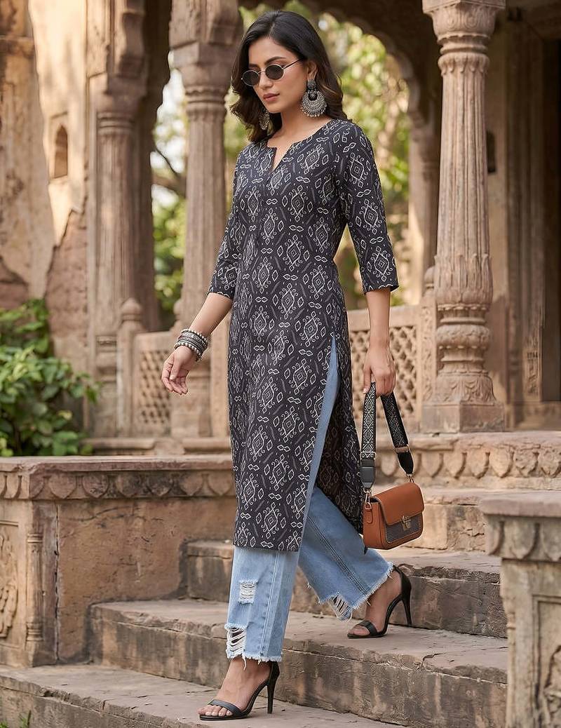 Black  pure cotton printed kurti for women