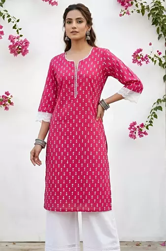 Pink  pure cotton printed kurti for women