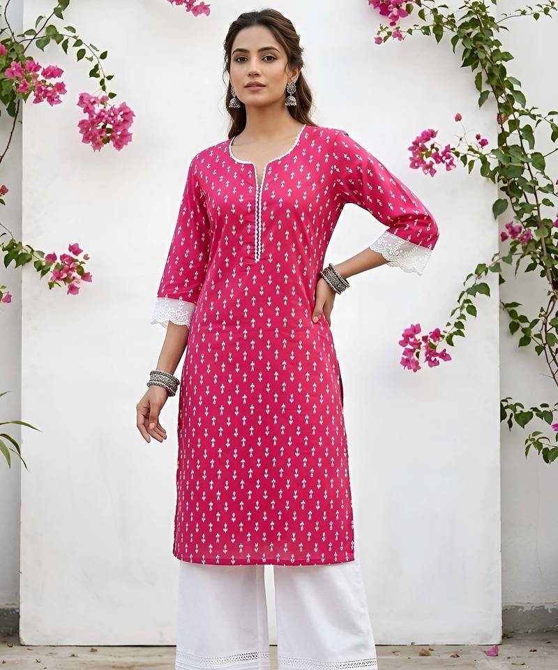 Pink  pure cotton printed kurti for women
