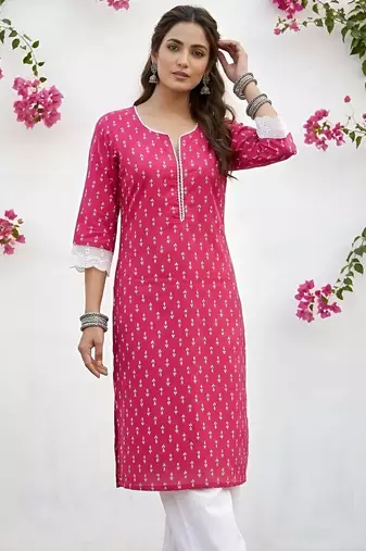 Pink  pure cotton printed kurti for women