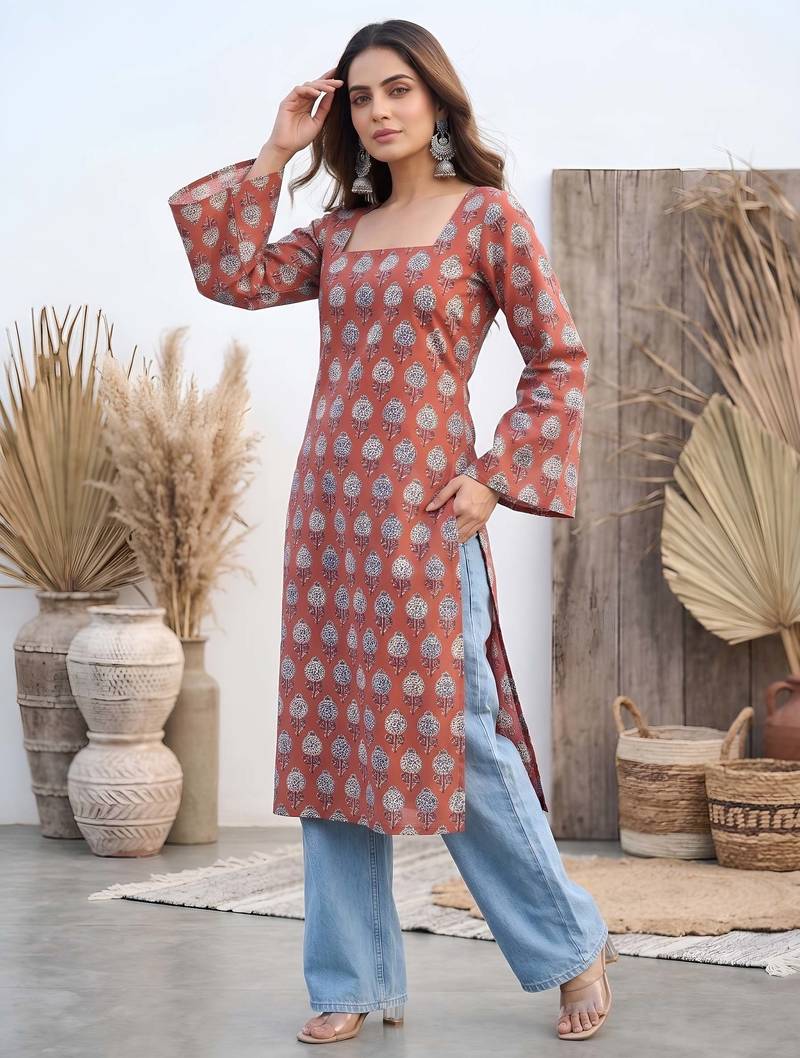 Maroon  pure cotton printed kurti for women
