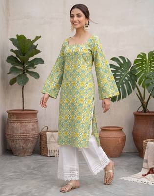 Green  pure cotton printed kurti for women 5