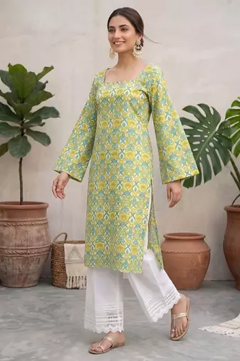Green  pure cotton printed kurti for women