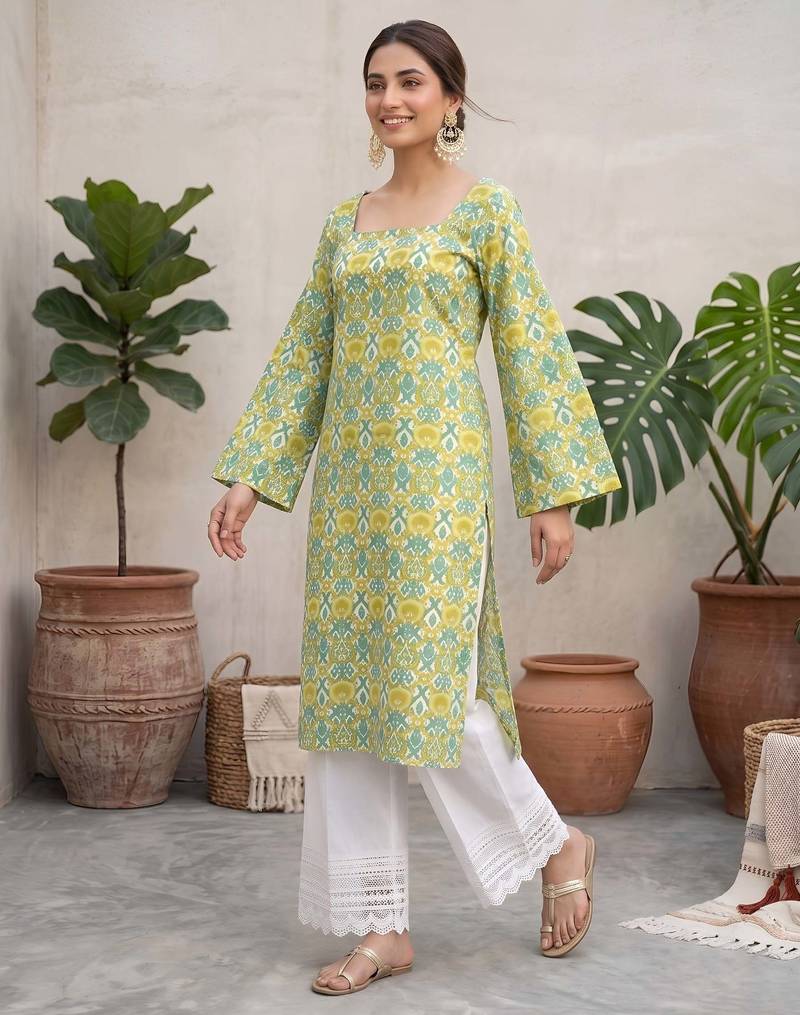 Green  pure cotton printed kurti for women