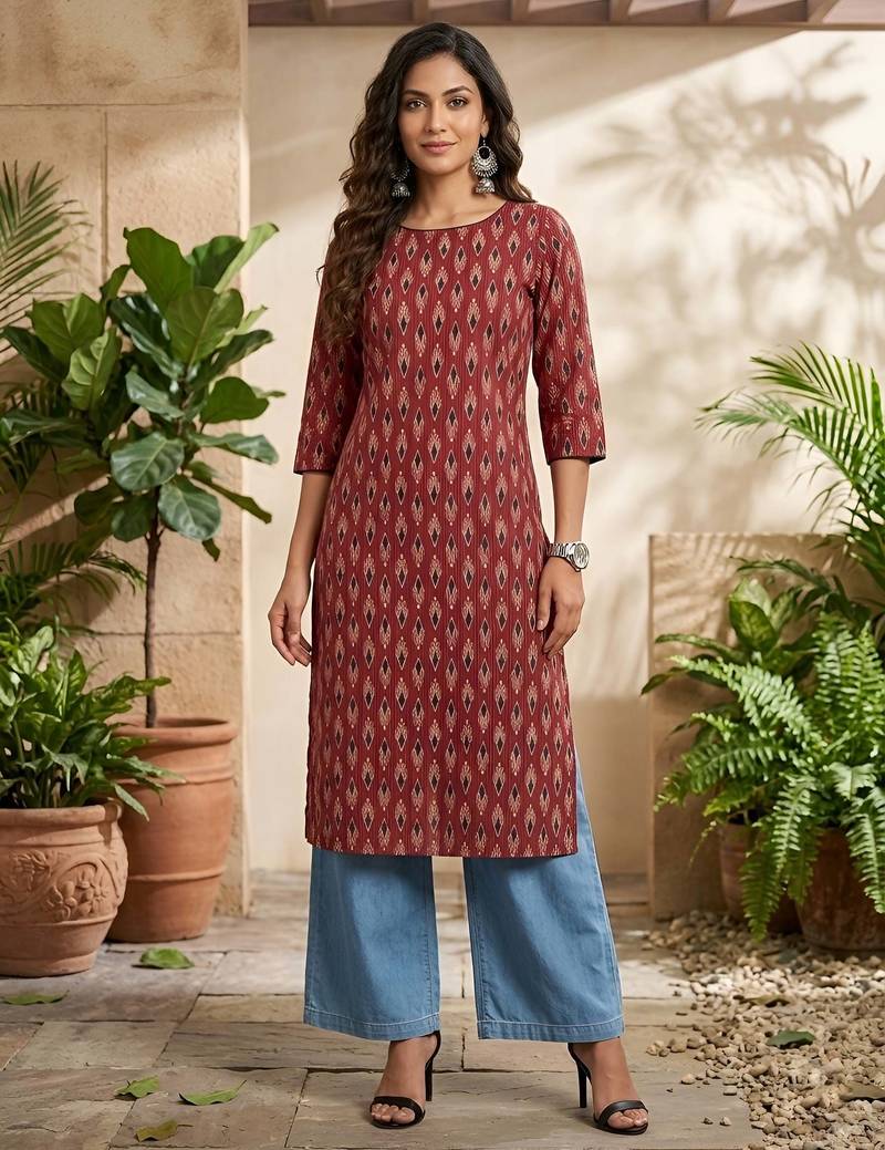 Maroon  pure cotton printed kurti for women