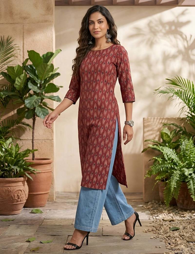 Maroon  pure cotton printed kurti for women