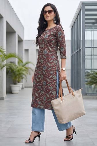 Burgundy  pure cotton printed kurti for women