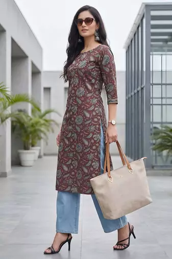 Burgundy  pure cotton printed kurti for women