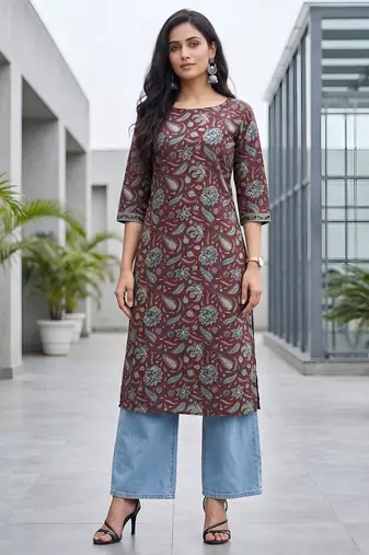Burgundy  pure cotton printed kurti for women