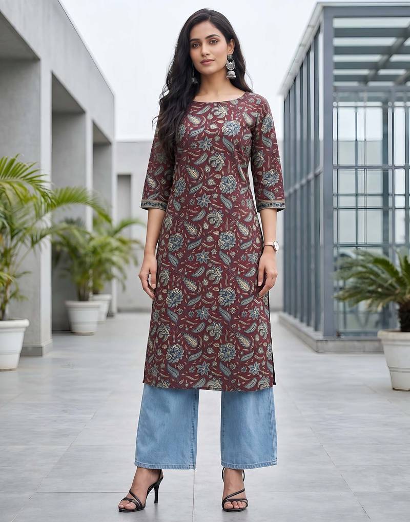 Burgundy  pure cotton printed kurti for women