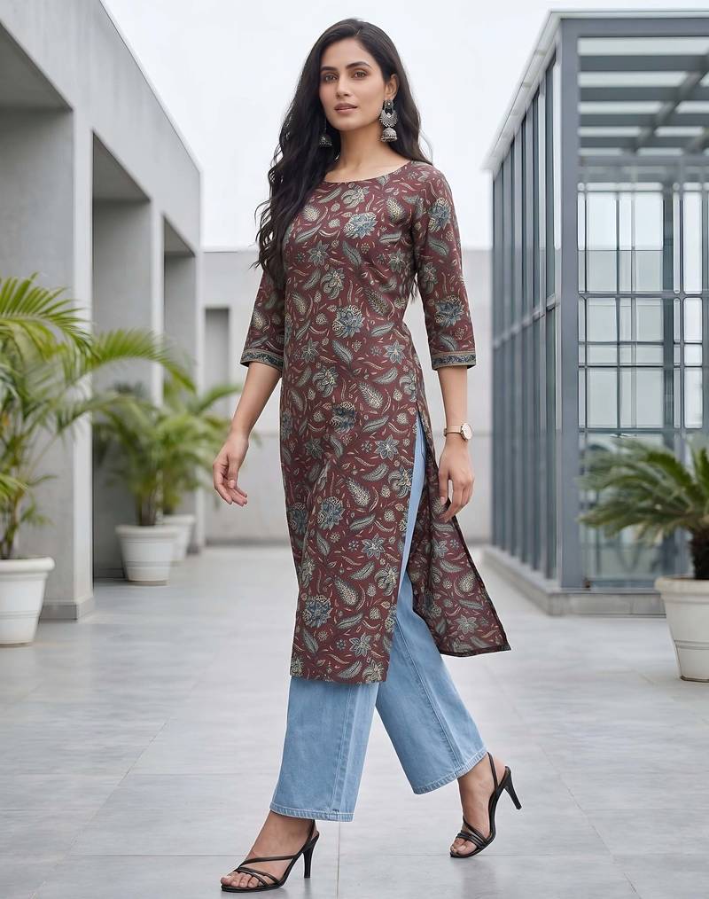Burgundy  pure cotton printed kurti for women