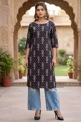 Black  pure cotton printed kurti for women