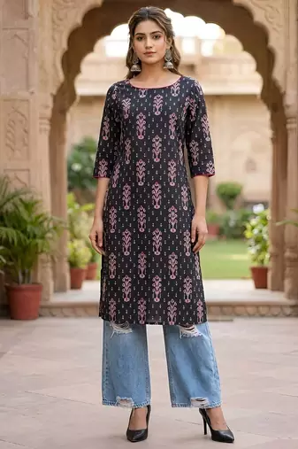 Black  pure cotton printed kurti for women