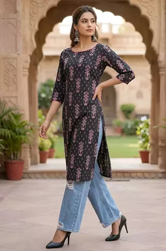 Black  pure cotton printed kurti for women
