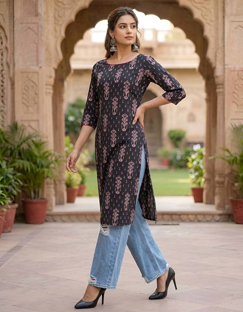 Black  pure cotton printed kurti for women