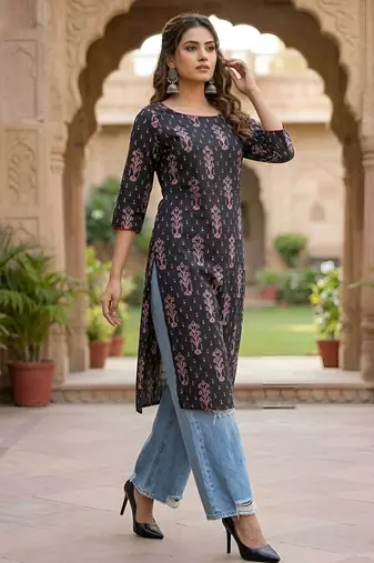 Black  pure cotton printed kurti for women
