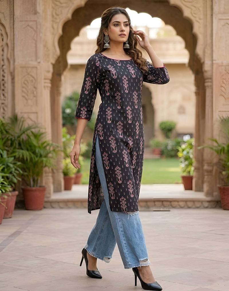 Black  pure cotton printed kurti for women