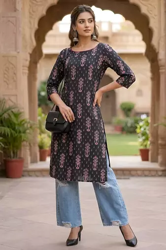 Black  pure cotton printed kurti for women