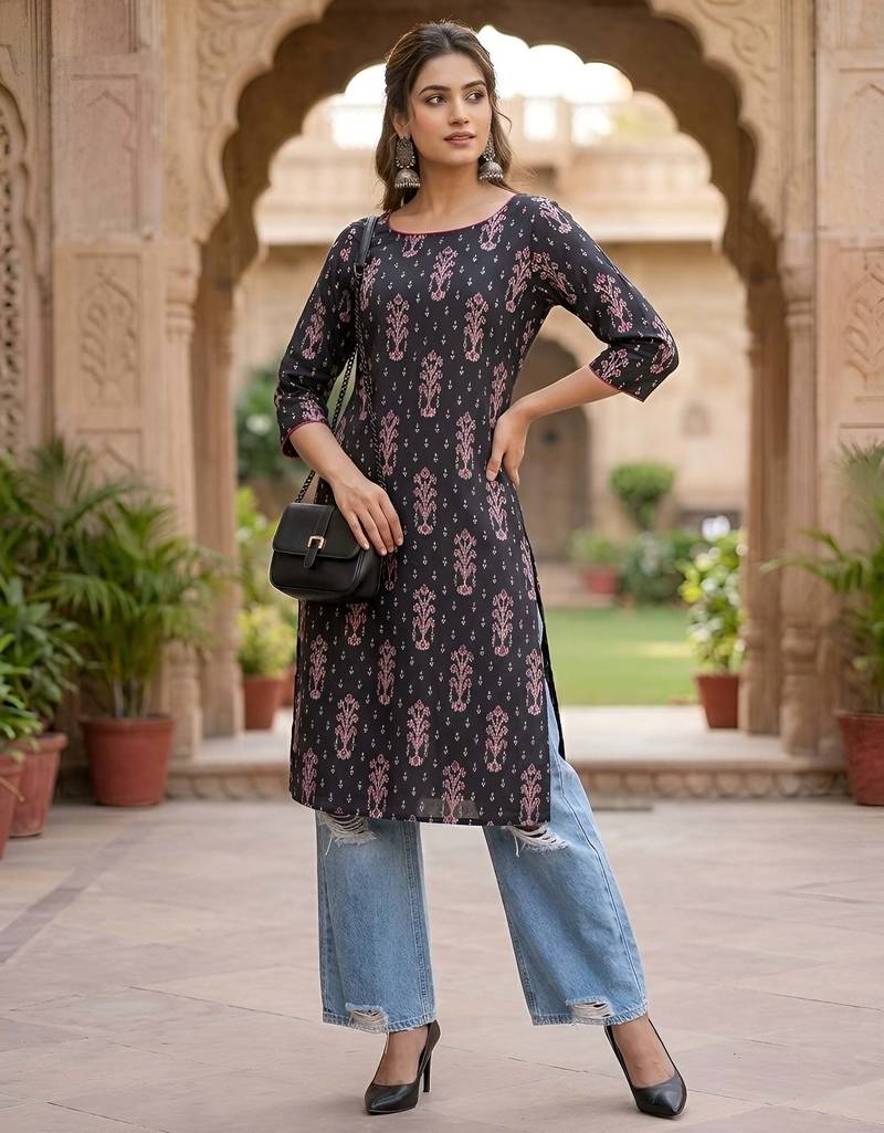 Black  pure cotton printed kurti for women